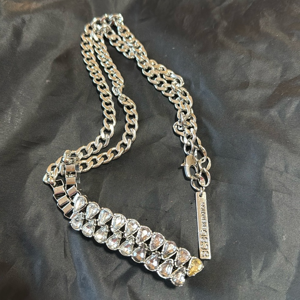 BCBGMaxAzria Silver Chunky Chain Necklace with Crystal Bar